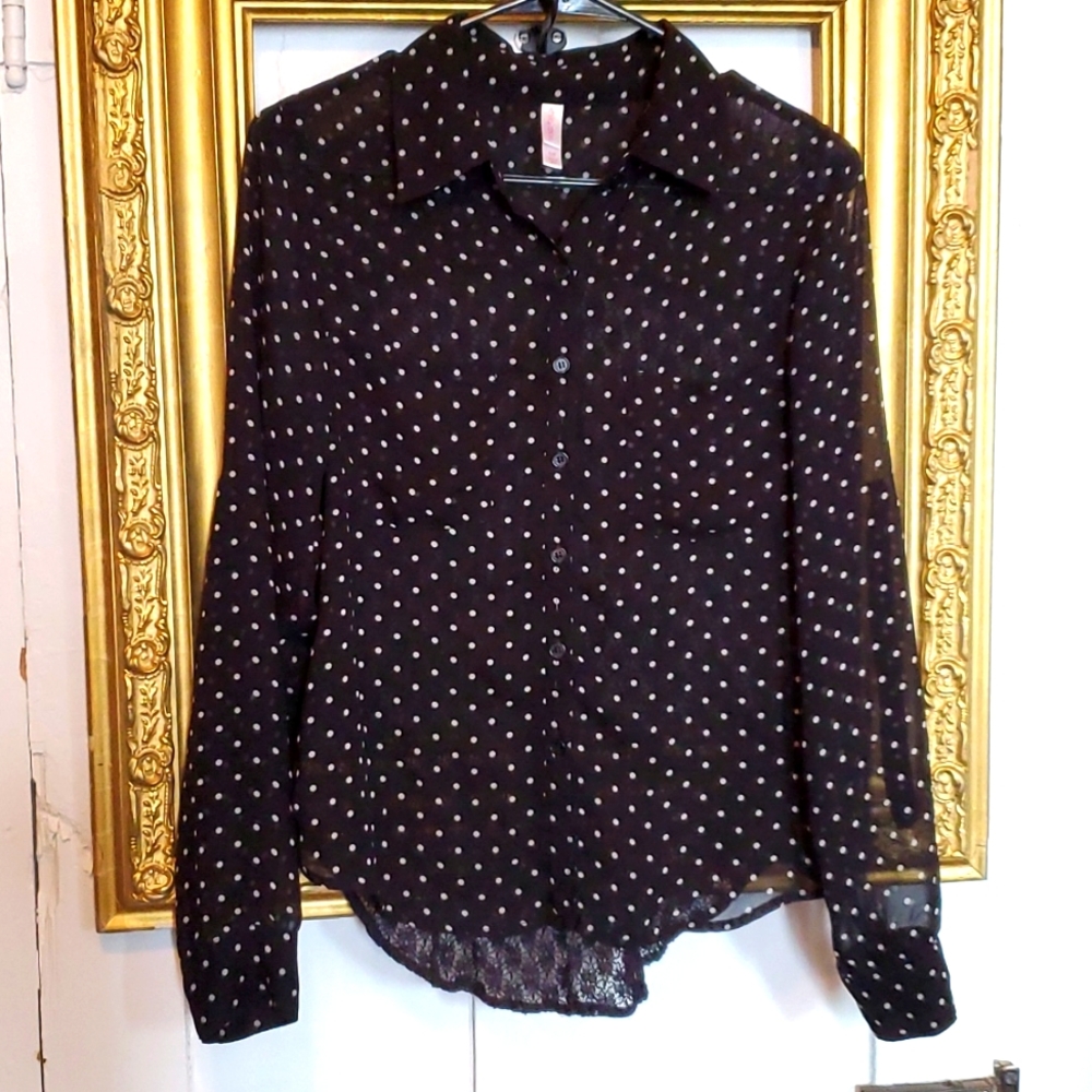 Polka-Dot Button Down Hi-Lo Sheer Lace Blouse